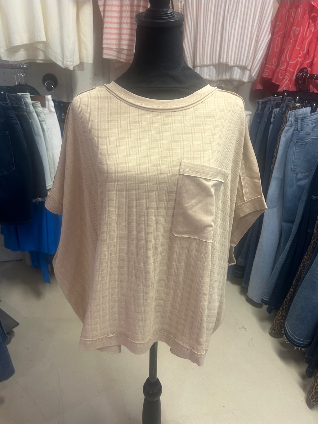 Very J Beige Boxy Short Sleeve Pocket Top